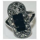 STERLING SILVER SIZE 6 ONYX/MARCASITE RING 5.80GR