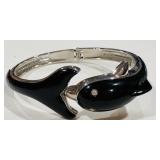 H- BLACK ENAMEL SILVER-TONE DOLPHIN BANGLE