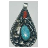 STERLING SILVER TURQOUISE/CORAL PENDANT 17.50GRS