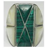 STERLING SILVER SIZE 11 PEARL/MALACHITE RING 28.1G