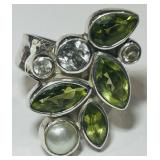 STERLING SILVER SIZE 7 PERIDOT/PEARL RING 9.9 GRS