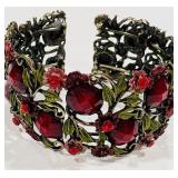 H- WIDE METAL BRASS-TONERED CRYSTALS BRACELET