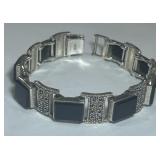 STERLING SILVER ONYX /MARCASITE 7INCH BRAC.28.7GR