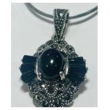 STERLING SILVER ONYX/MARCASITE PEND. & CHAIN 10.8G