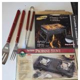 J2 - PROPANE STOVE, FOLDING GRILL, BBQ TOOLS (G45)