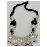 MOTHER OF PEARL FLORAL BLACK BEAD NECKLACE
