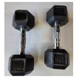 J2 - PAUIR OF BLACK 15LB DUMBBELLS (G44)