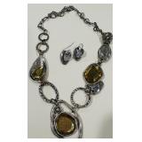 SILVER-TONE AMBER COLORED NECLACE AND EARRINGS