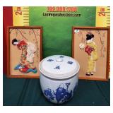N - FRAMED ASIAN WALL ART & JAR W/ LID