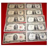 51 - 8 SILVER 1$ CERTIFACTES & 2 RED $2