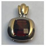 H103 14KT TWO TONE GARNET AND DIAMOND PENDANT 4.3G