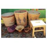 42 - WOOVEN BASKETS & WOODEN GARDEN STOOL