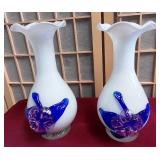 11 - MATCHING WHITE W/ BLUE DECORATIVE VASES