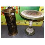 11 - BRASS UMBRELLA STAND & PAINTED SIDE TABLE