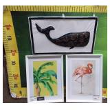 43 - 3 FRAMED WALL ART WHALE FLAMINGO & PALM