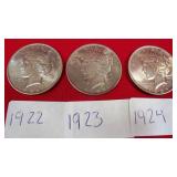 50 - 3 SILVER $1 EAGLES 1922/23/24