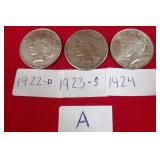 50 - 3 SILVER $1 EAGLES 1922D/23S/24 A