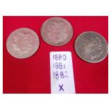 50 - 3 SILVER $1 EAGLES 18880/81/82  X