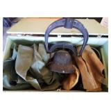 600 -CAST IRON DINNER BELL & BOX OF MILITARY ITEMS