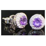 Round Genuine Amethyst Halo Designer Earrings Round Genuine Amethyst Halo Designer Earrings