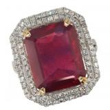 14k Gold 10.56 ct Emerald Cut Ruby & Diamond Ring