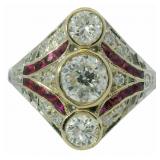 18k Gold 2.12 ct Natural Diamond & Ruby Deco Ring