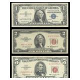 Red Seal $1, $2 & $5 Paper Money Set