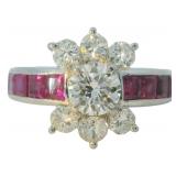 Platinum 2.26 ct Natural Diamond & Ruby Deco Ring