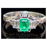 Platinum Natural Emerald & Diamond Ring
