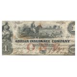 1855 $1 Adrian Insurance Co Obsolete Currency Note