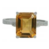 Emerald Cut 3.64ct Natural Citrine & Diamond Ring