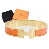 HERMES Orange Enamel H Click Bangle Bracelet