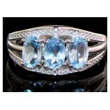 Natural 2.20 ct Blue Topaz & Diamond 3 Stone Ring