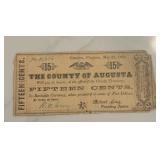 1862 15 Cent County of Augusta Currency
