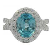 Oval 4.35 ct Natural Blue Zircon & Diamond Ring