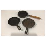 3 small Cast Iron Skillets, one with wooden handle