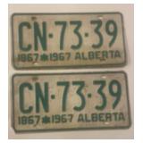 Vintage Centennial 1967 AB License Plate, pair