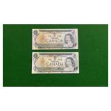 2 x 1873 Canadian $1 bills