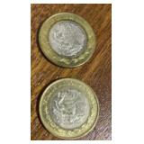 2 x 10 Mexican Pesos coin