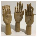 3 Wooden Articulated Hand Models, 2 rights/1 left