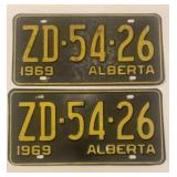 Vintage 1969 Alberta License Plate, pair