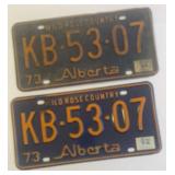 Vintage 1973 Alberta License Plate, pair