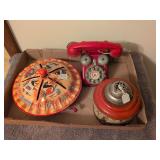 Mattel #467 Pie shaped music box, Gong Bell Mfg Red speed phone and Ohio Art Barrel organ
