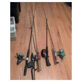 5 fishing poles: Shakespeare, Record, Abu Garcia, Great Lakes S30 and unknown brand
