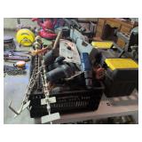 Stanley tool box and contents, drills, saw and misc.