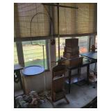Vintage white bird cage stand, antique brass lamp base and vintage Ranch Boy valet stand