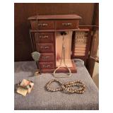 Vintage necklaces, bolo tie, bracelet, jewelry box and banded calcite pyramid