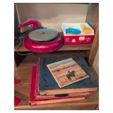 Vintage GE tear drop record player, Fisher Price Music Box record player (5 records) and vintage record collection