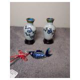 2 matching Cloisonne 3.25" vases w/fish