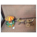 Wyandotte #2010 Merry Go Round and Tin Wind Up Toy Donkey and Wagon with Farmer